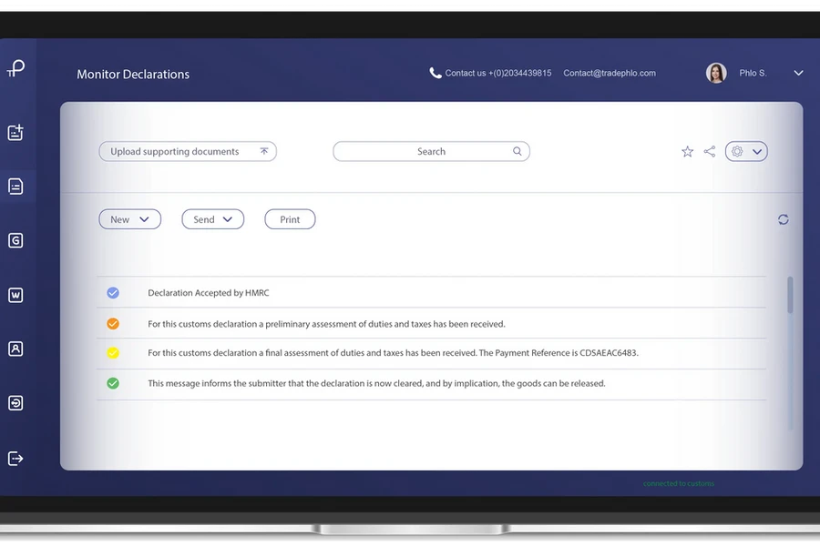 tradePhlo — monitor declarations, with live HMRC status